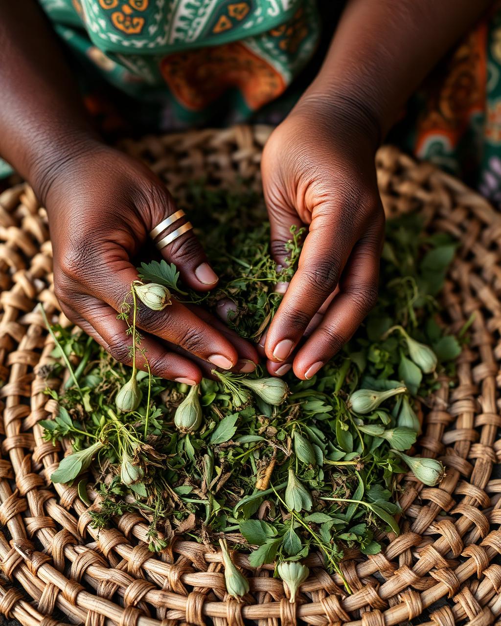 Mains préparant des plantes médicinales